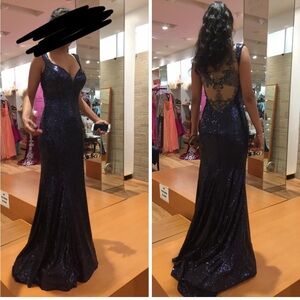 Elegant Navy Blue Sequin Evening Gown